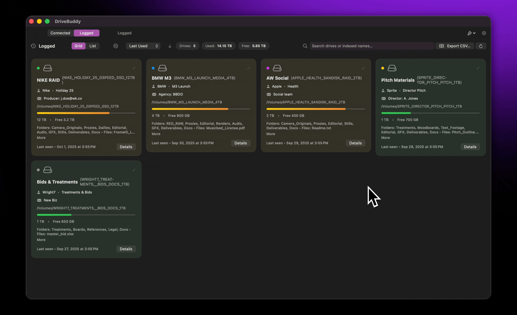 DriveBuddy app demonstration showing search and file management